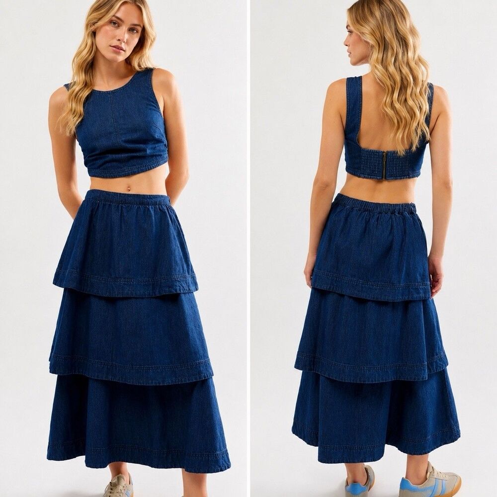 Free People Ryder Denim Skirt Set Womens Small Blue Tiered Midi Crop Top